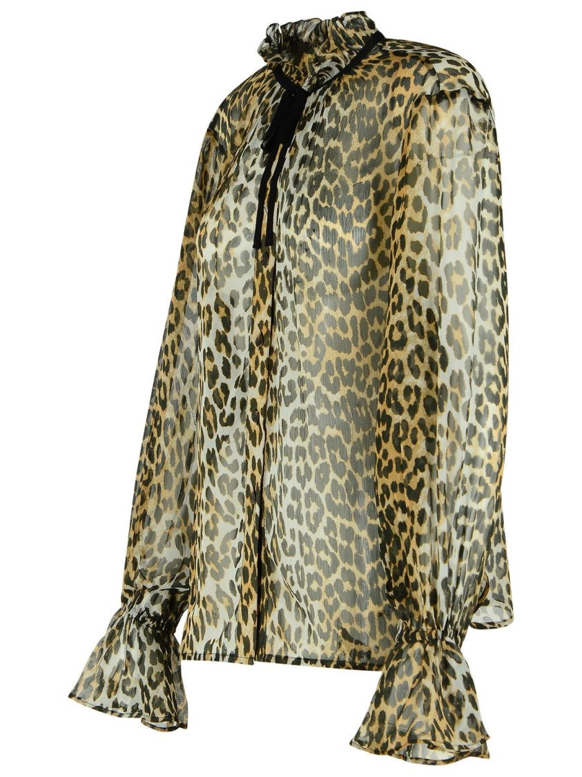 Ganni Leopard Print Viscose Shirt With Flared Hem