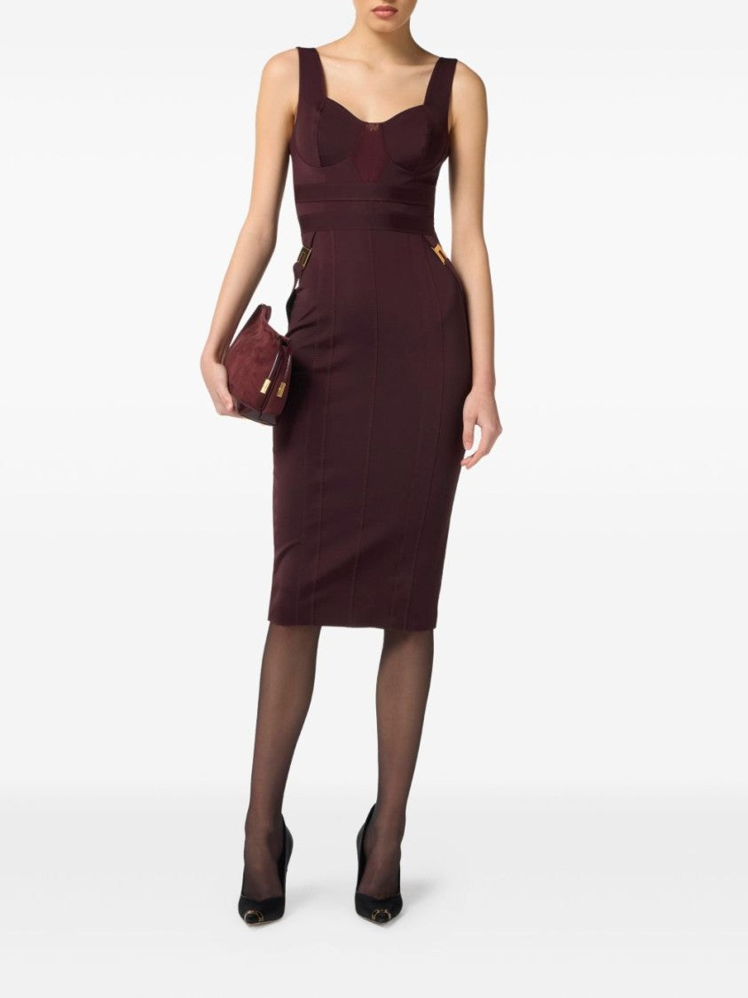 Elisabetta Franchi Structured Burgundy Midi Dress With Sweetheart Neckline