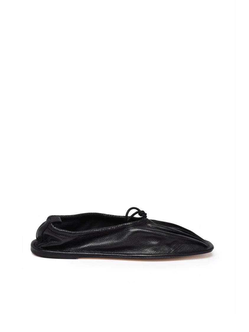 Hereu Black Gathered Design Bow Flat Leather Loafers