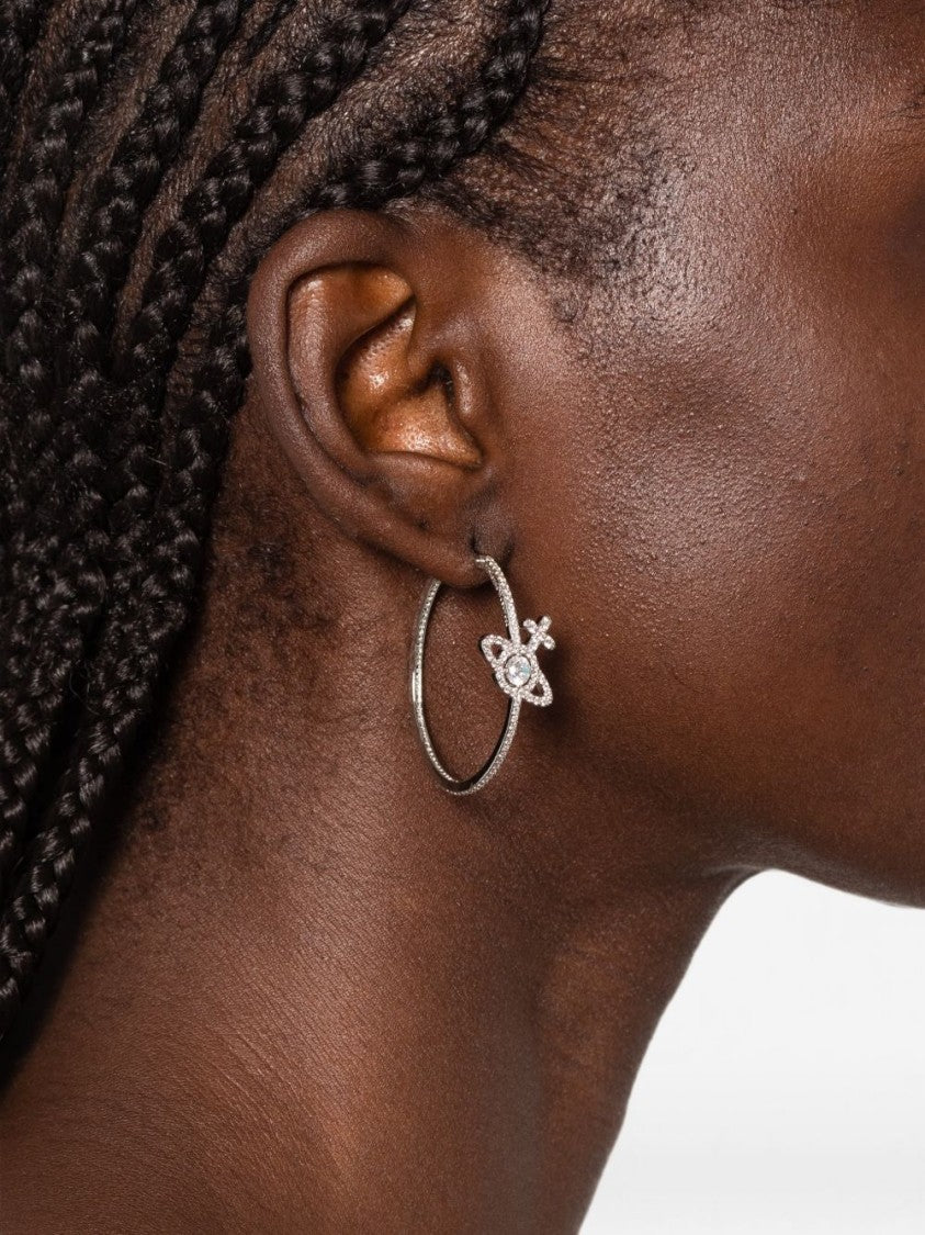 Vivienne Westwood Silver Textured Hoop Crystal Charm Earrings