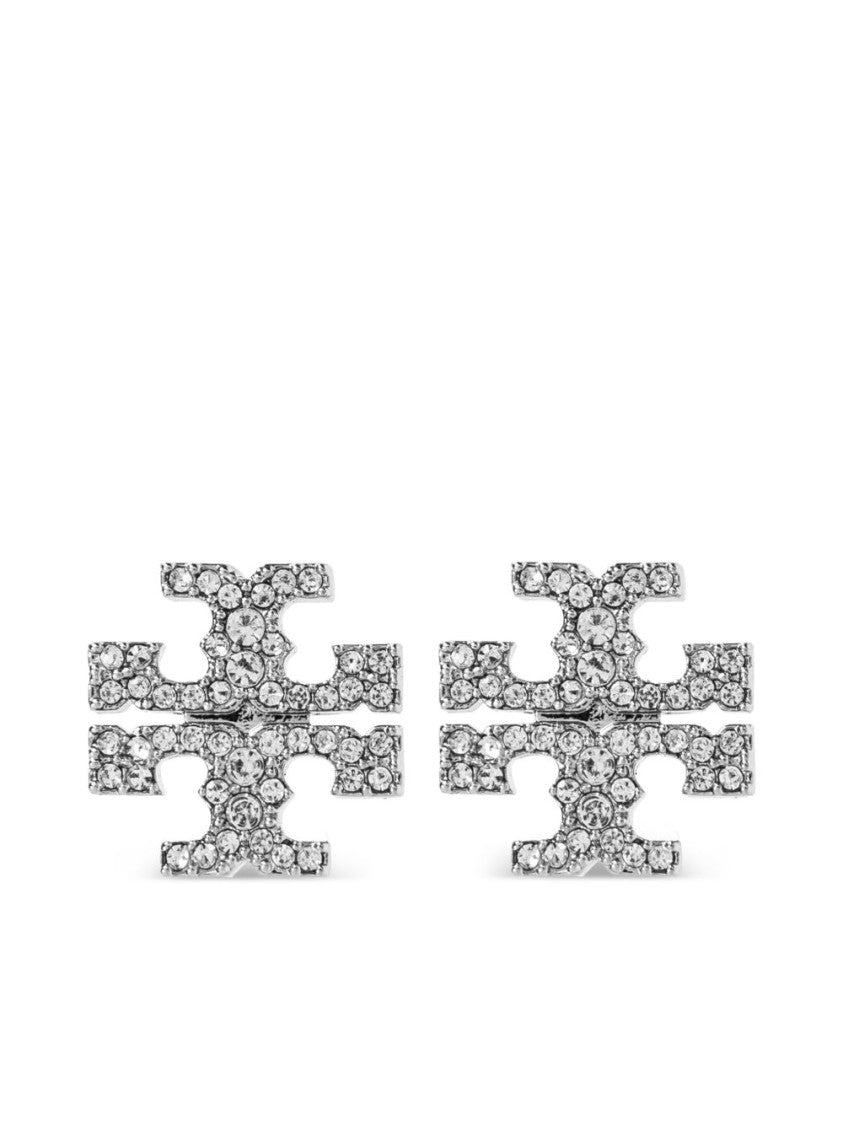 Tory Burch Silver-Tone Double T Motif Stud Earrings With Sparkling Crystals
