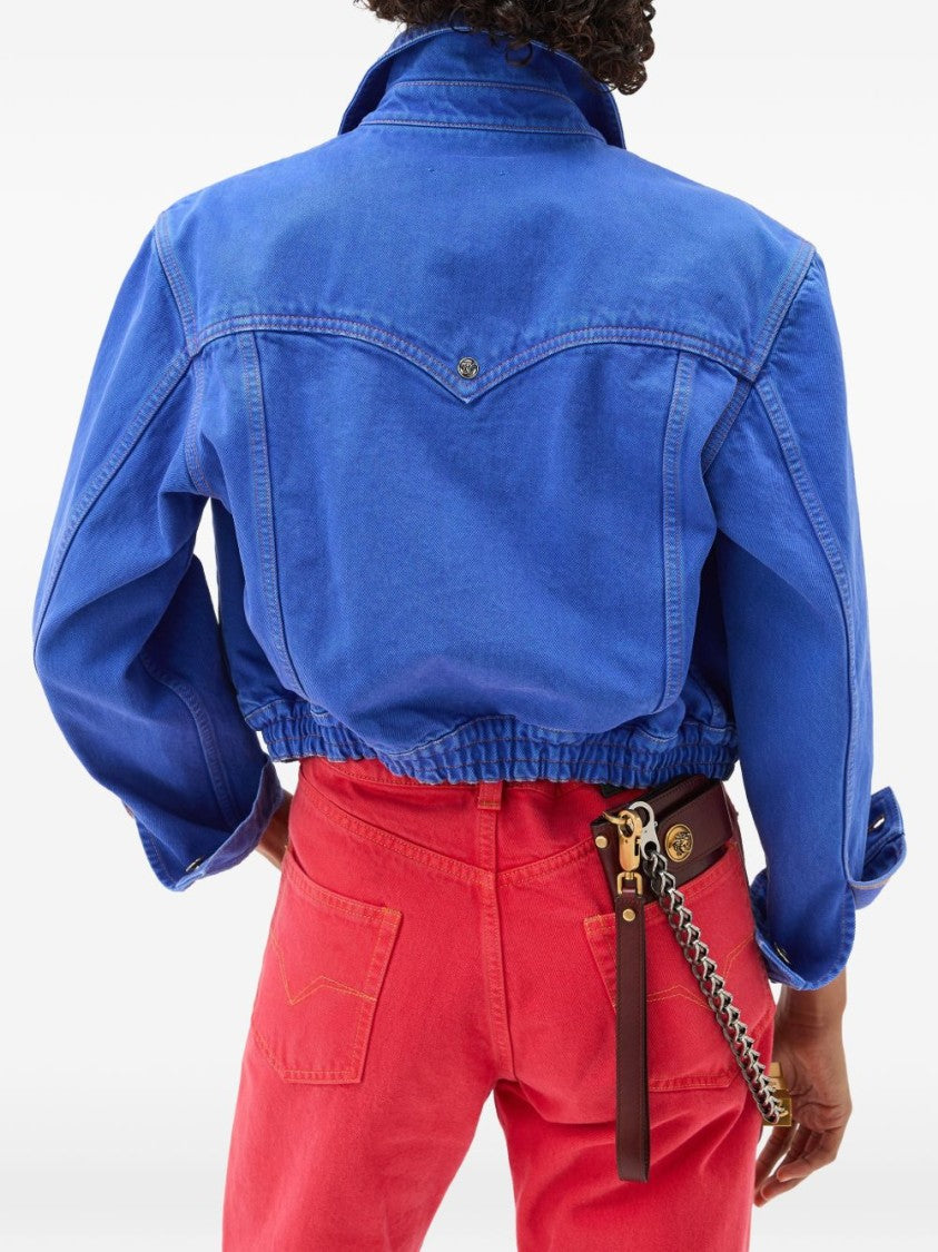 Versace Cropped Jacket In Vibrant Blue Hue With Classic Collar