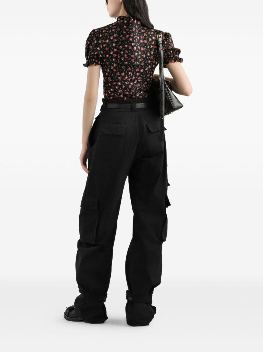 Dolce & Gabbana Black Floral Silk Blend Shirt With High Neckline And Puffed Sleeves