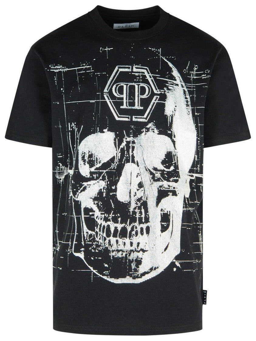 Philipp Plein Crew Neck Black T-Shirt With Crystal Skull Design And Logo Patch