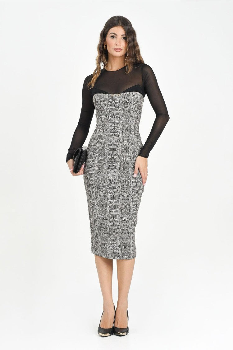 Elisabetta Franchi Grey Reptile-Print Sheer Mesh Sleeves Viscose-Blend Dress