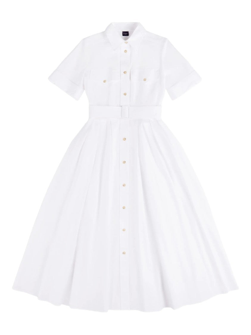 Fay White Midi Structured Collar Belted Dress