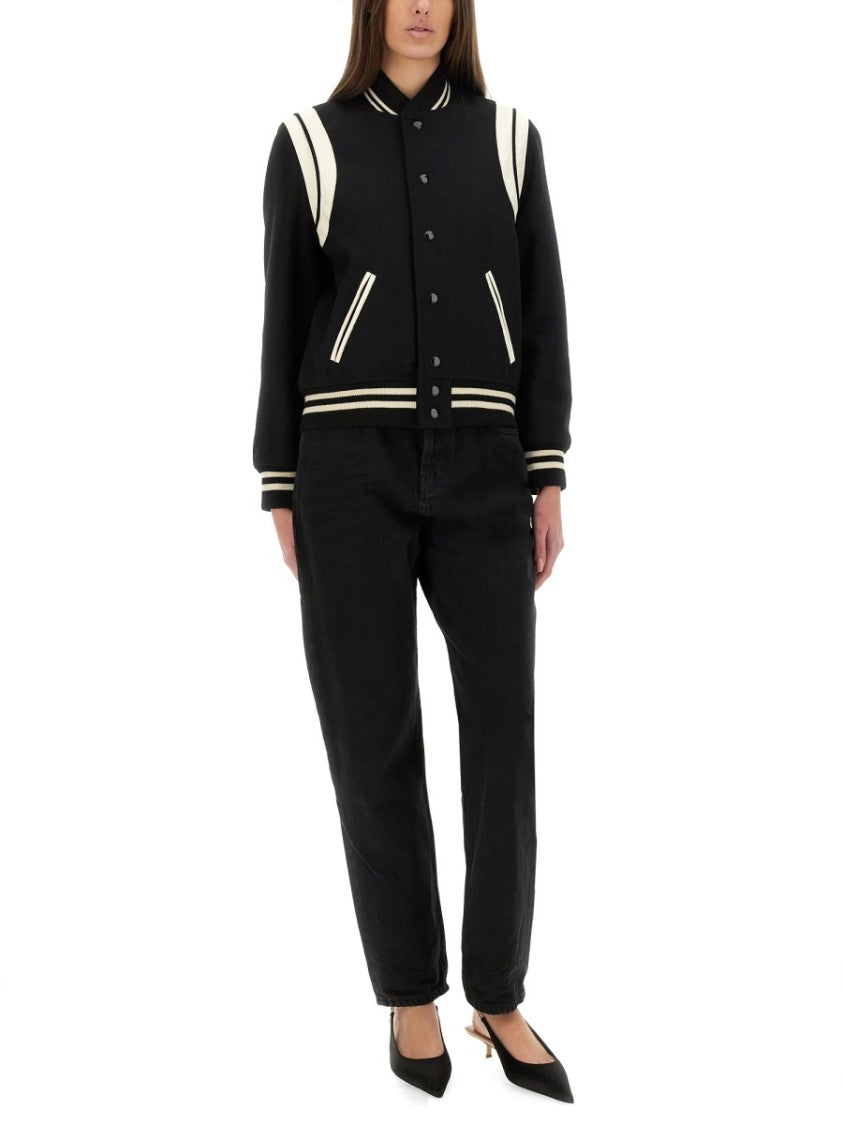 Saint Laurent Wool Varsity Jacket With Contrasting Stripe Details
