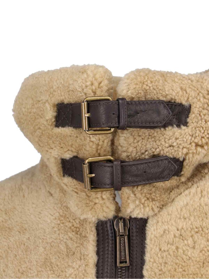 Dsquared2 Beige Shearling Jacket With High Collar