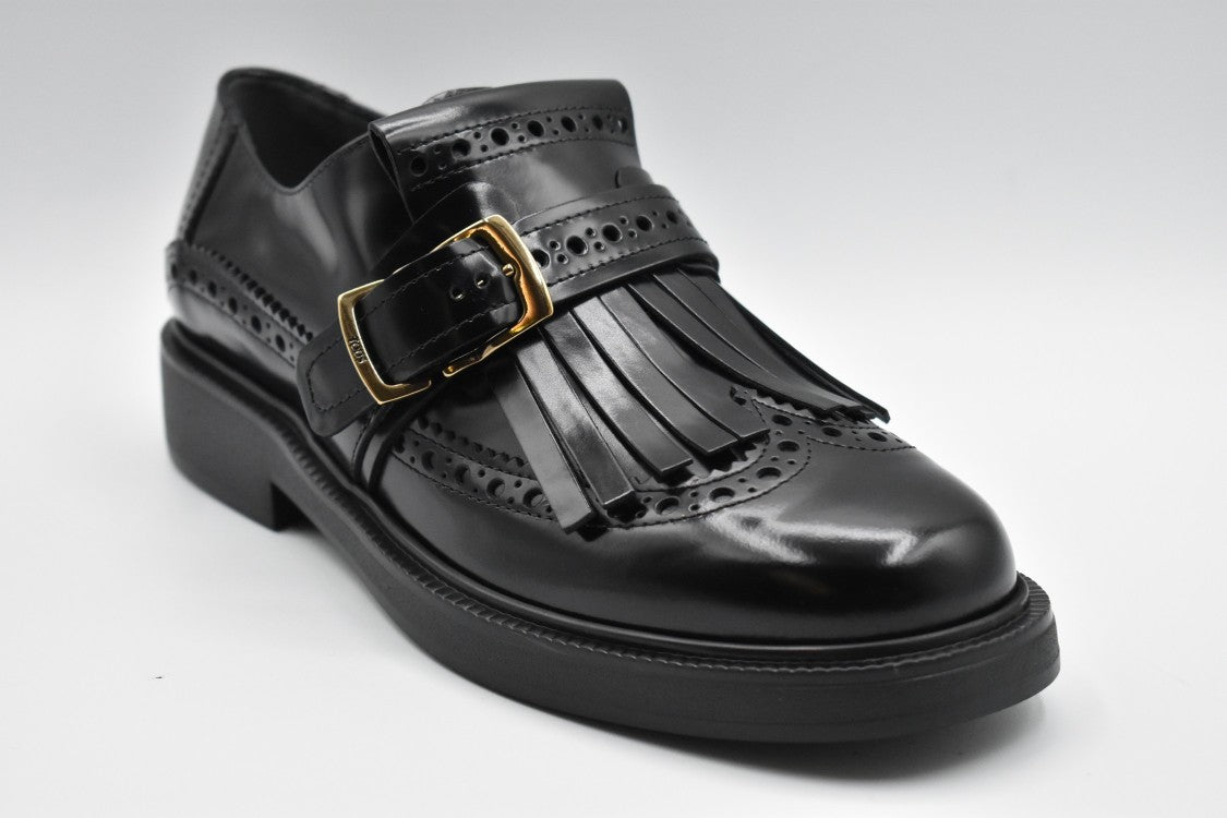 Tod's Laced Black Flat Shoes With Fringed Detail
