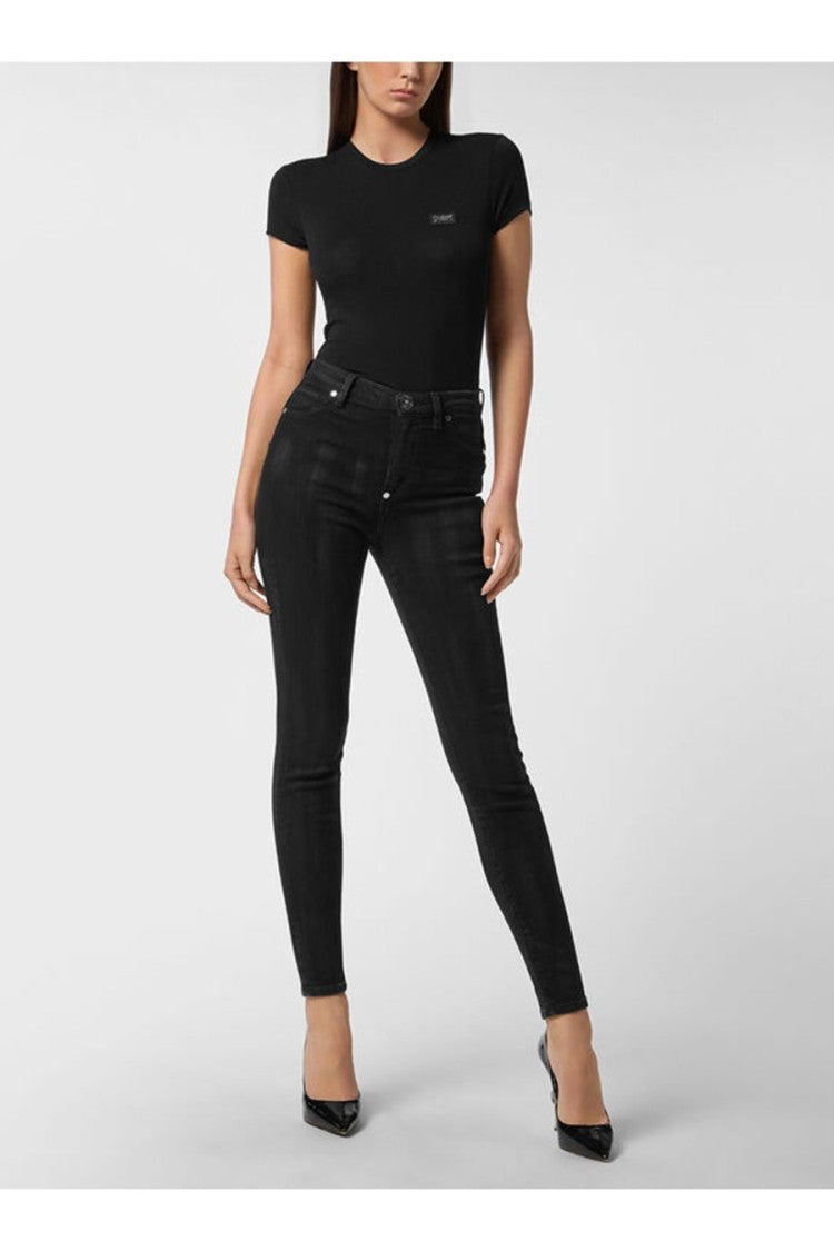 Philipp Plein Black Coated Waxed Hexagon Patch Cotton-Blend Skinny Jeans