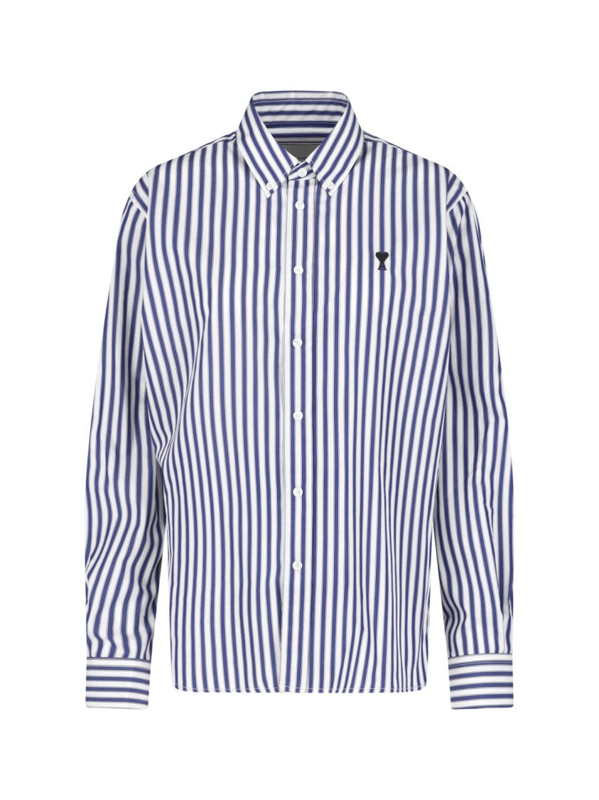 Ami Paris Vertical Stripe Button-Down Shirt With Heart Detail