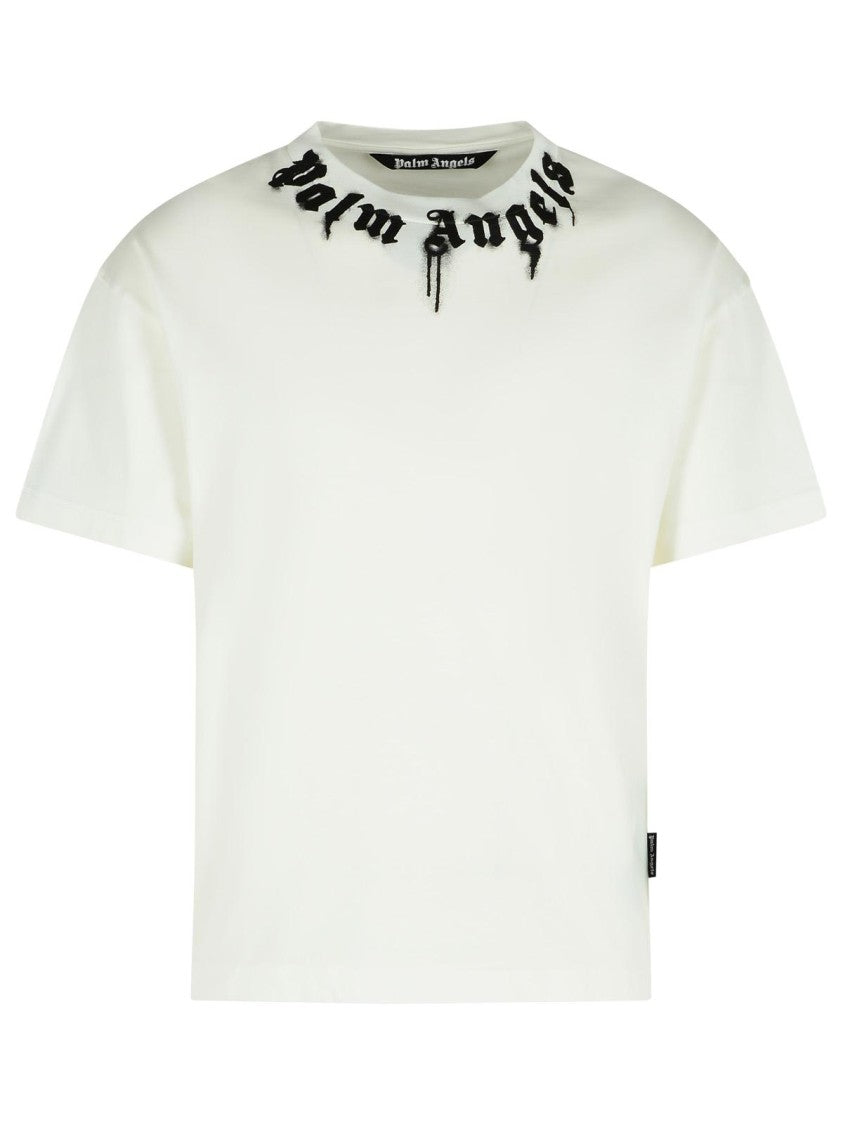 Palm Angels Classic Fit White Cotton T-Shirt With Graphic Branding
