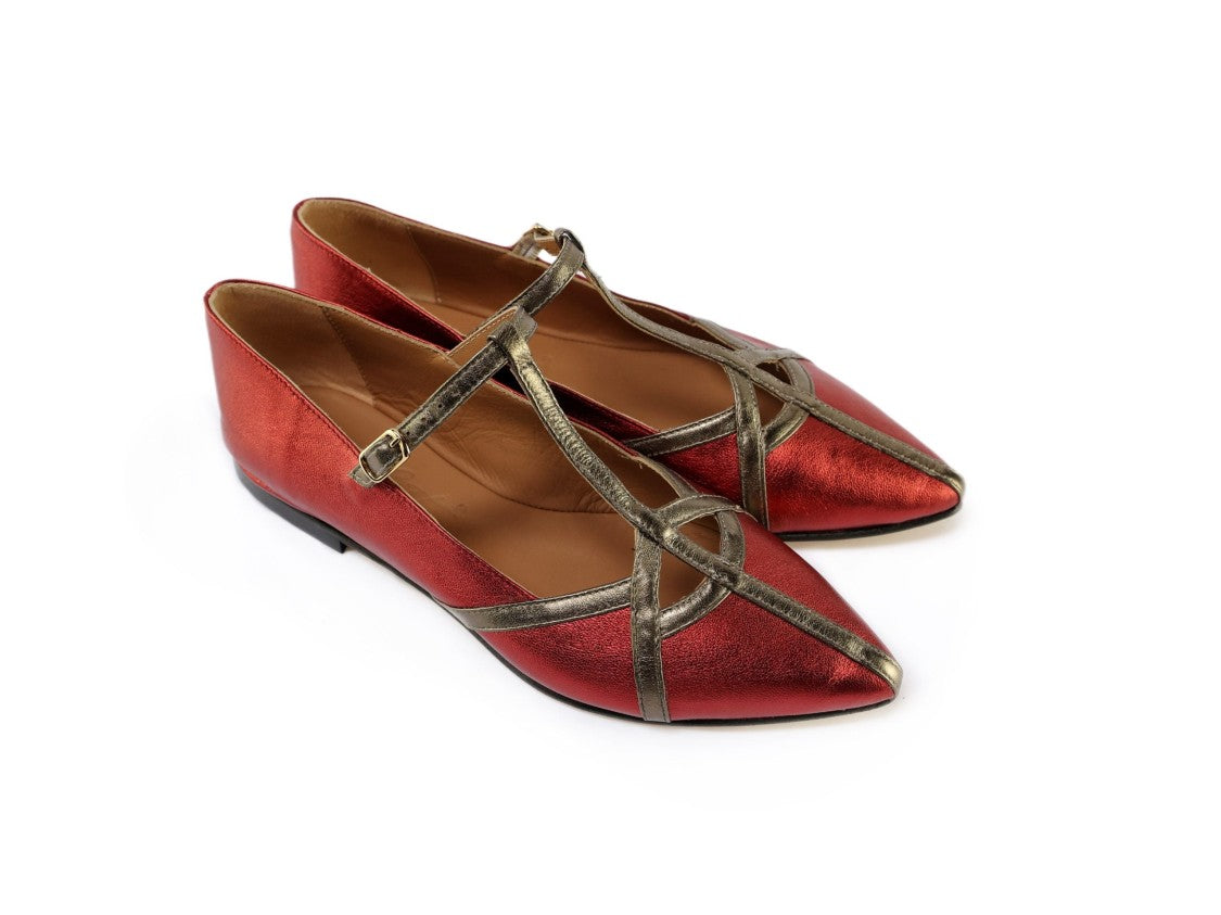 Ton Gout Pointed Toe Flats With Metallic Red Nappa Leather
