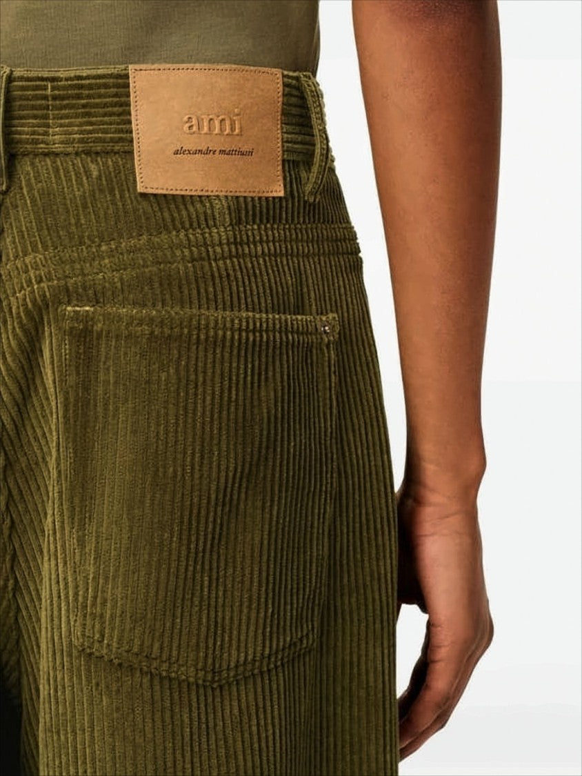Ami Wide-Leg Olive Green Corduroy Pants With High Waist