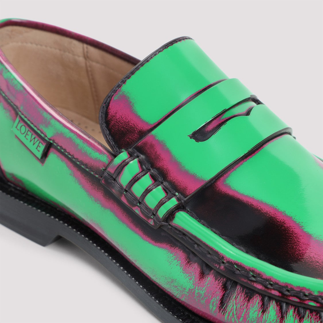 Loewe Campo Brushed Green And Pink Calf Leather Loafers