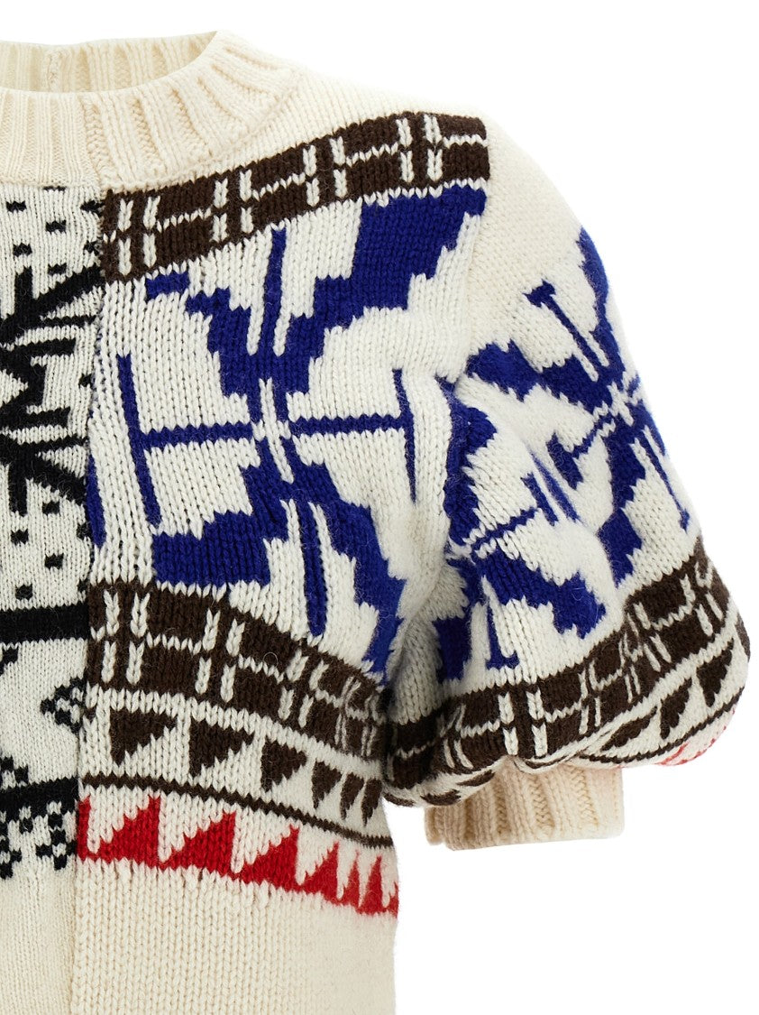Sacai Wool Blend Jacquard Sweater With Asymmetrical Hem And Puff Sleeves