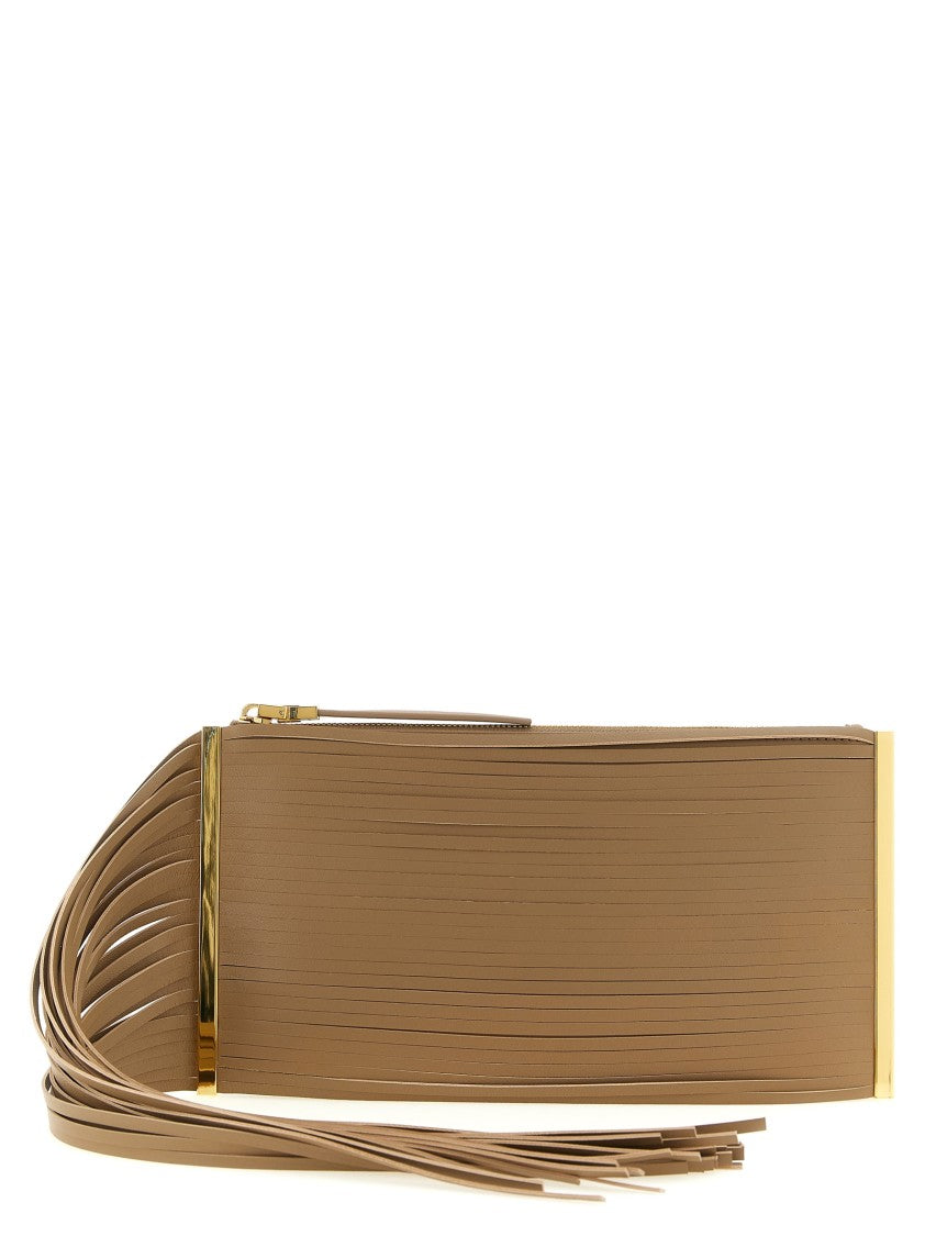 Elisabetta Franchi Rectangular Leather Clutch With Cascading Fringes And Gold-Tone Accents