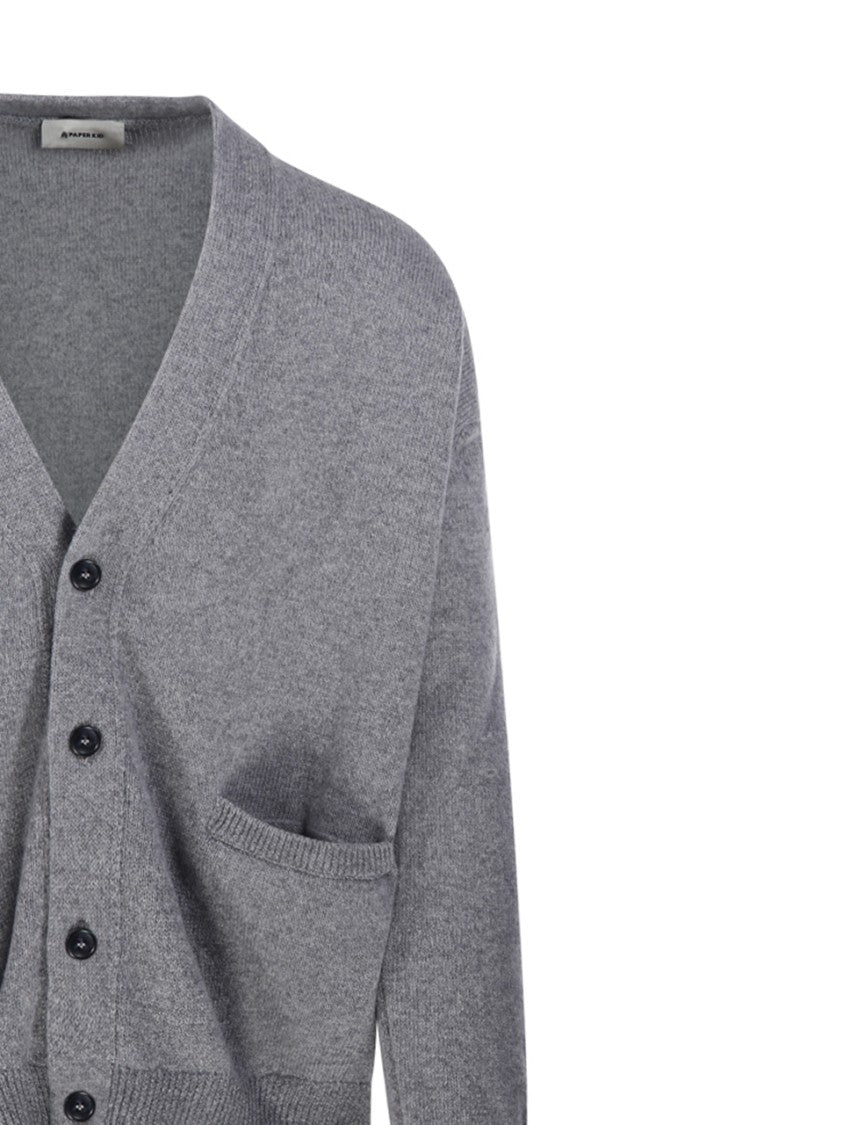 A Paper Kid Relaxed Fit Grey Cardigan With Deep V-Neckline And Cashmere Blend