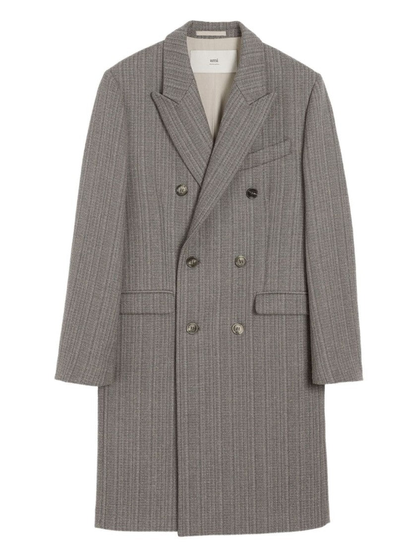 Ami Paris Double-Breasted Herringbone Wool Coat With Peak Lapels