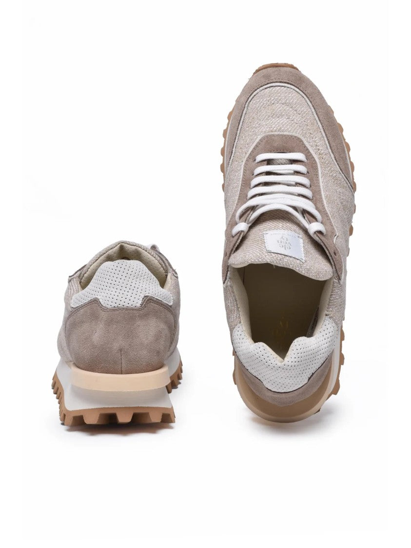 Eleventy Beige Lamé Fabric Suede Sneakers
