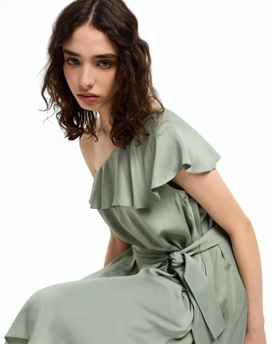 Armani Exchange Ruffled Neckline Bow Belted One-Shoulder Mini Dress