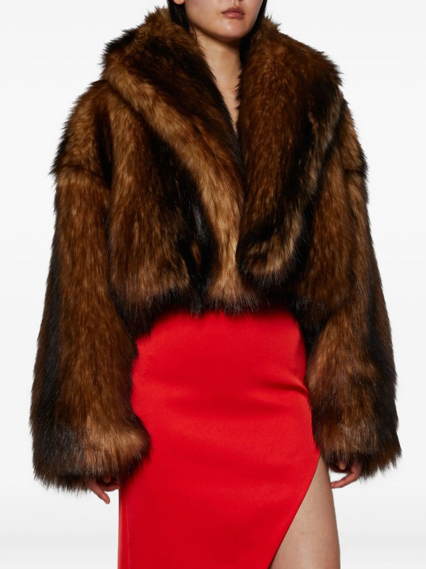 David Koma Brown Oversized Cropped Faux Fur Bomber Jacket