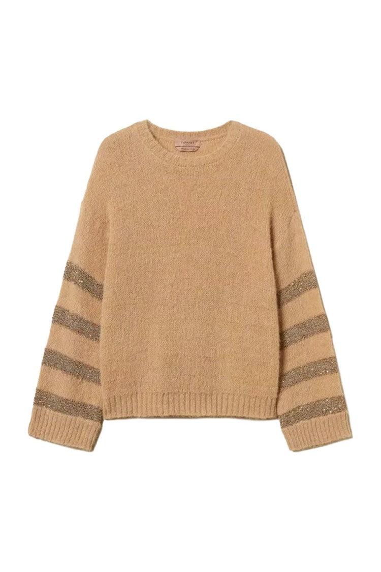 Twin-Set Camel Polyamide-Alpaca Blend Metallic-Stripe Sweater