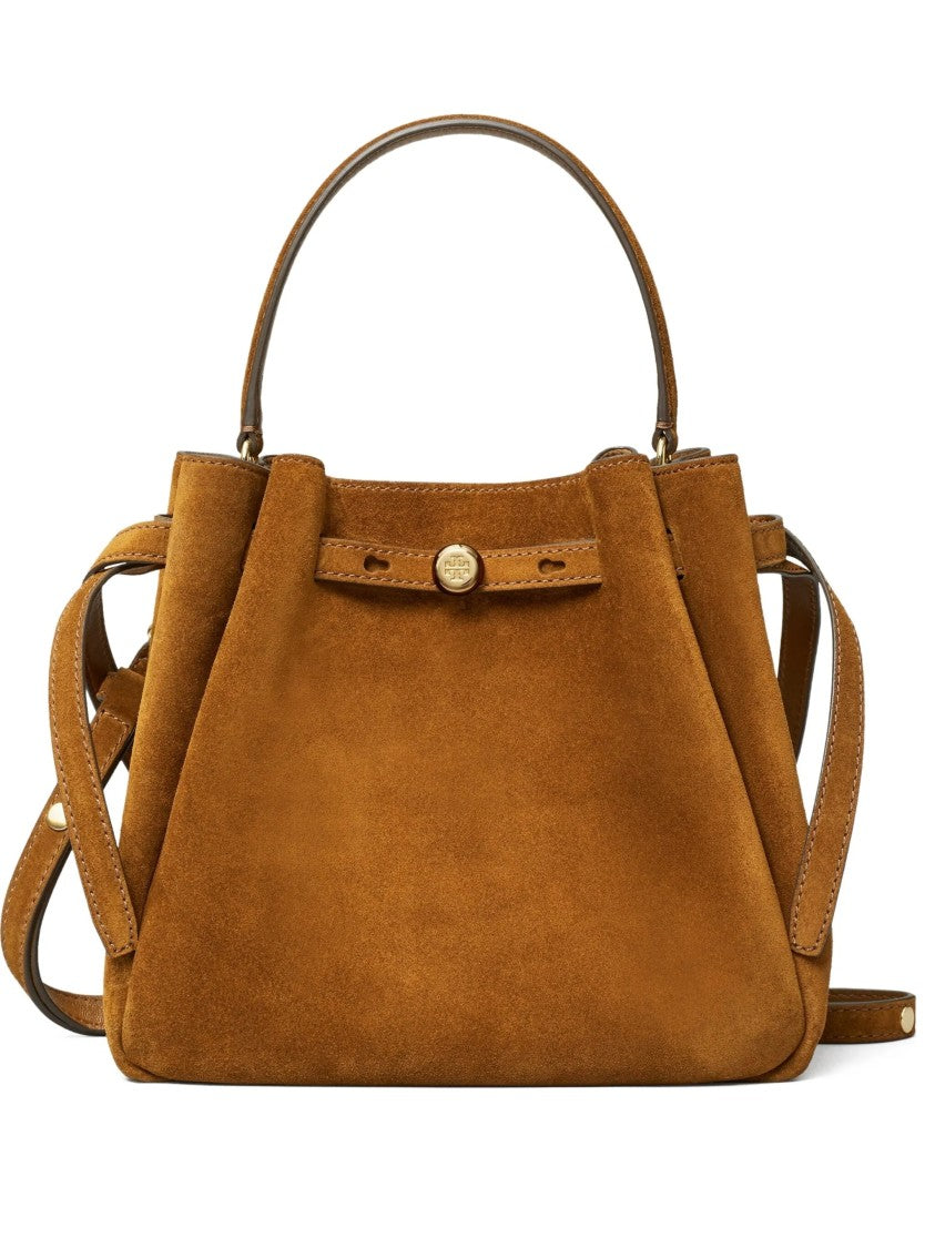 Tory Burch Structured Suede Brown Bucket Bag With Gold Accents