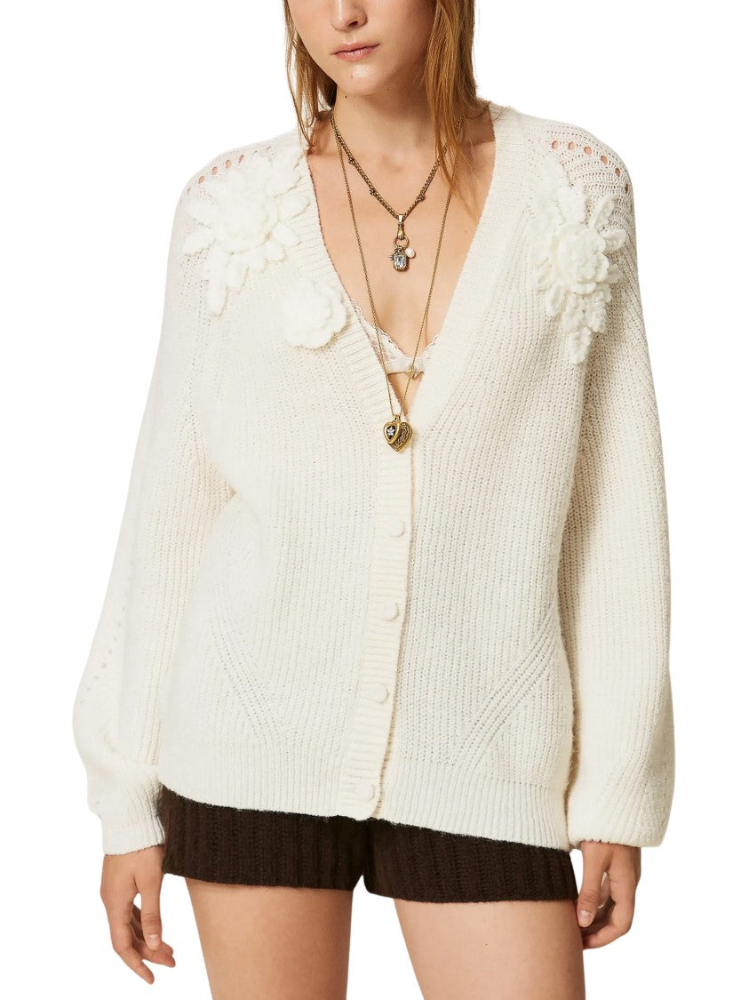 Twin-Set Off-White Crochet Floral Appliqué Acrylic-Blend Cardigan