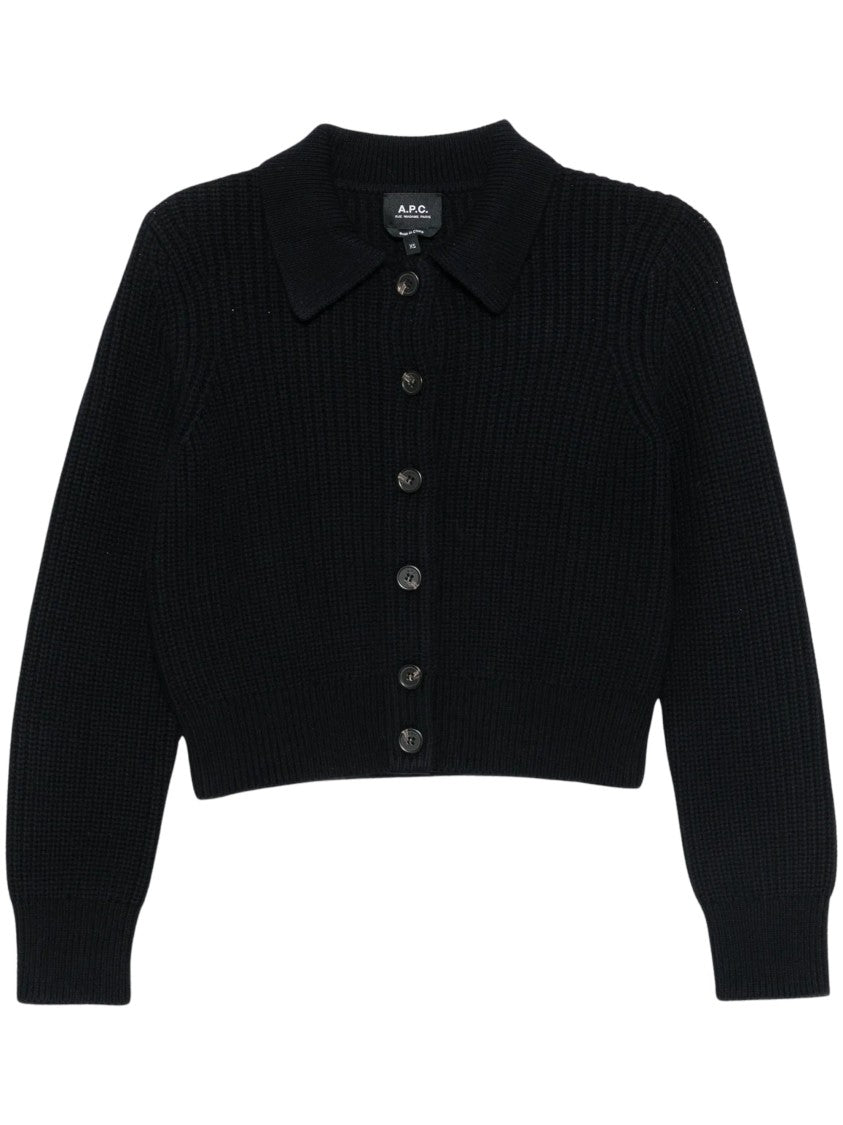 A.P.C. Ribbed Knit Cropped Cardigan With Classic Collar