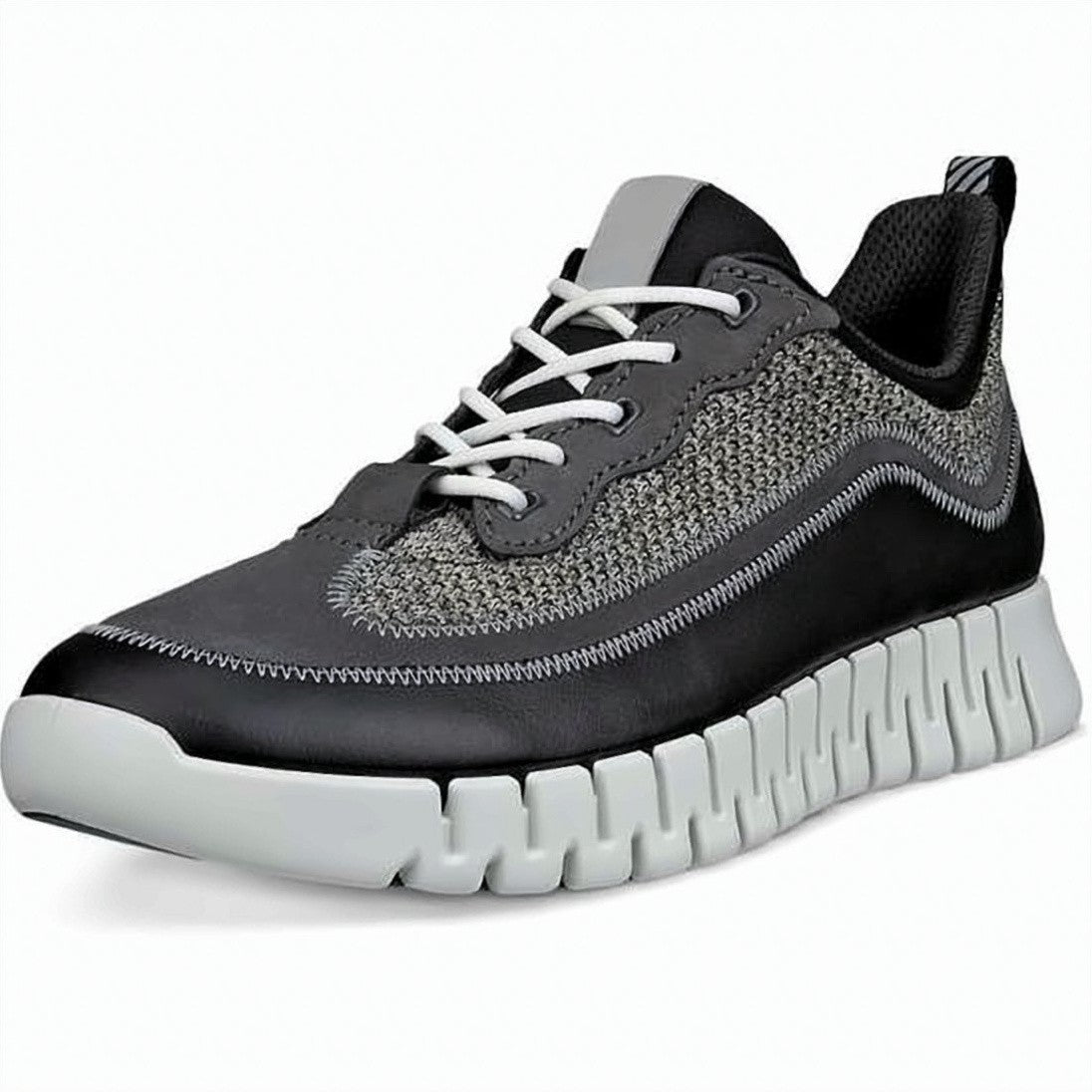 Ecco Textured Grey Panel Sneakers With Black Leather Upper