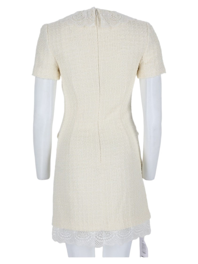 Self-Portrait Textured Mini Dress With Lace Trim And Buttoned Front