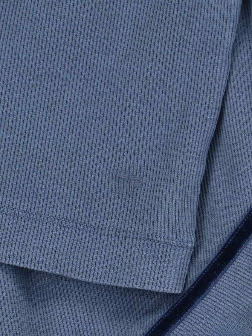 Tom Ford Ribbed Blue Henley Shirt With Button Closure And Drawstring Detail