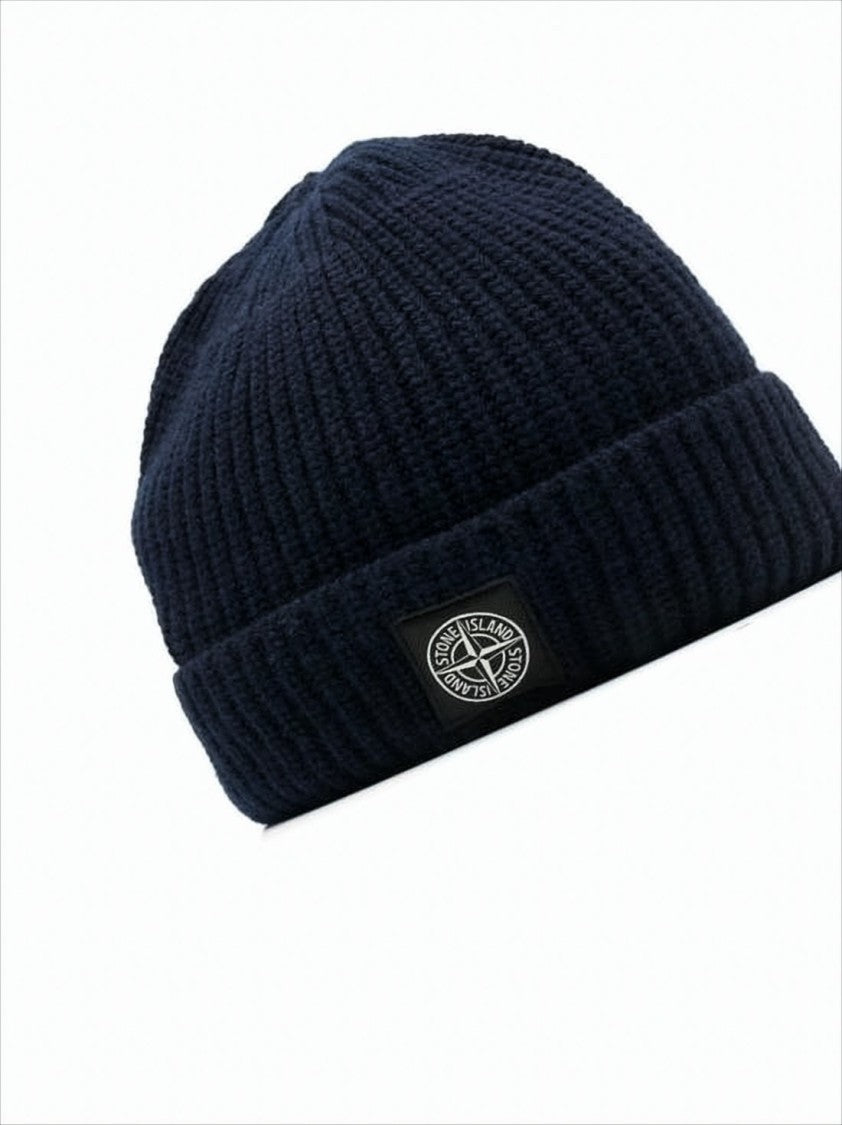 Stone Island Ribbed Knit Beanie With Folded Cuff And Patch Logo