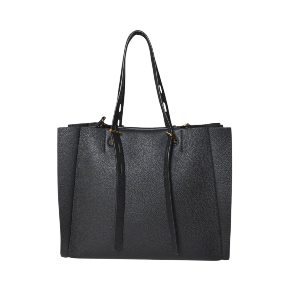 Mino Bossi Structured Black Leather Tote With Gold-Tone Accents