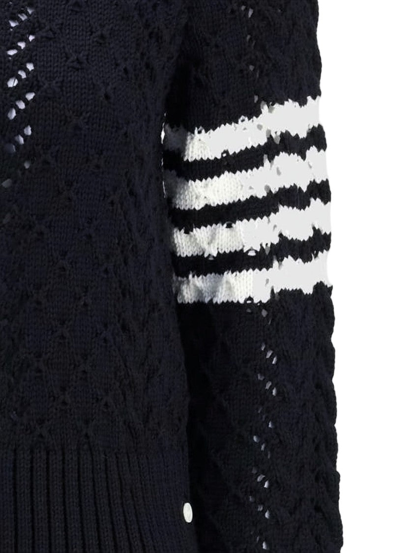 Thom Browne Fitted Black Wool Sweater With Openwork Design