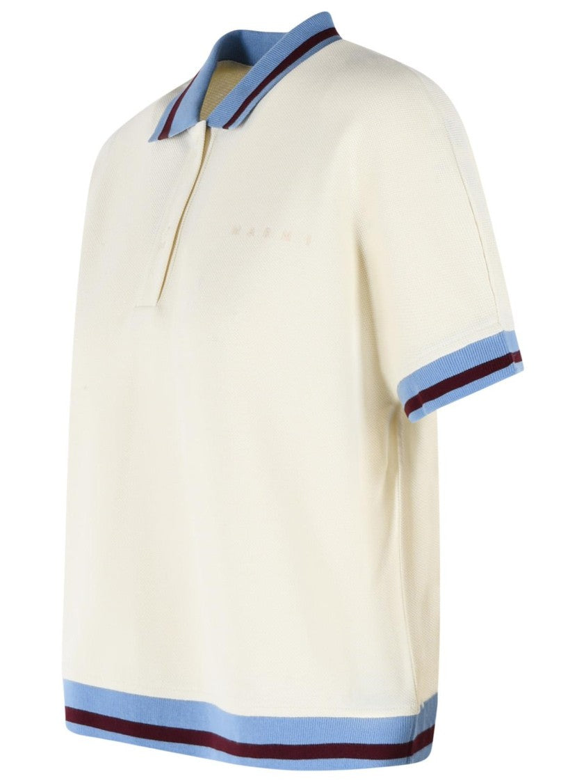 Marni Ivory Cotton Polo Shirt With Light Blue Collar And Burgundy Accents
