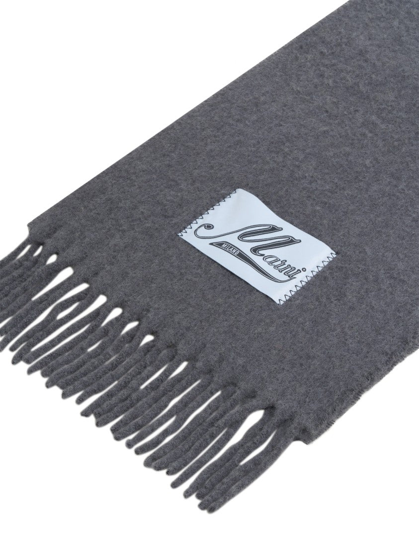 Marni Long Plush Grey Scarf With Fringed Ends