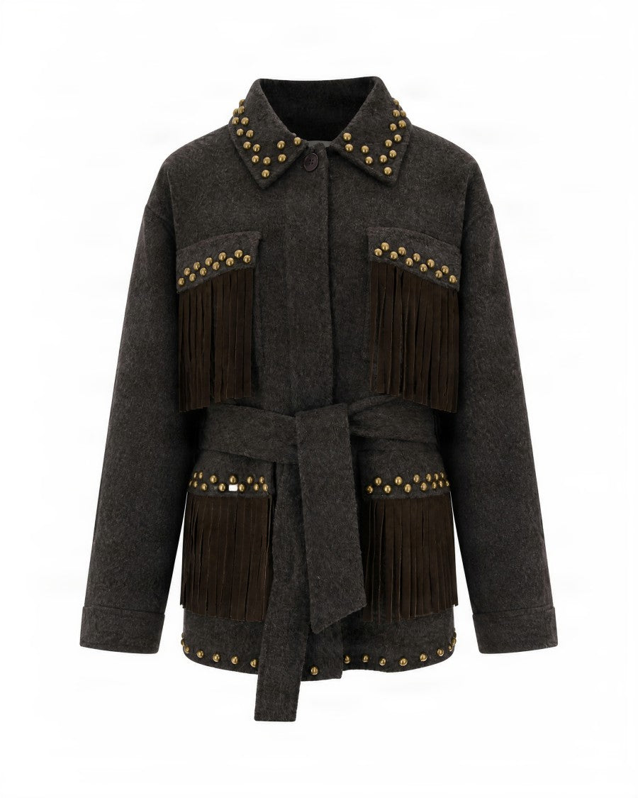 P.A.R.O.S.H. Fringe-Embellished Wool Jacket With Belted Waist And Studded Accents