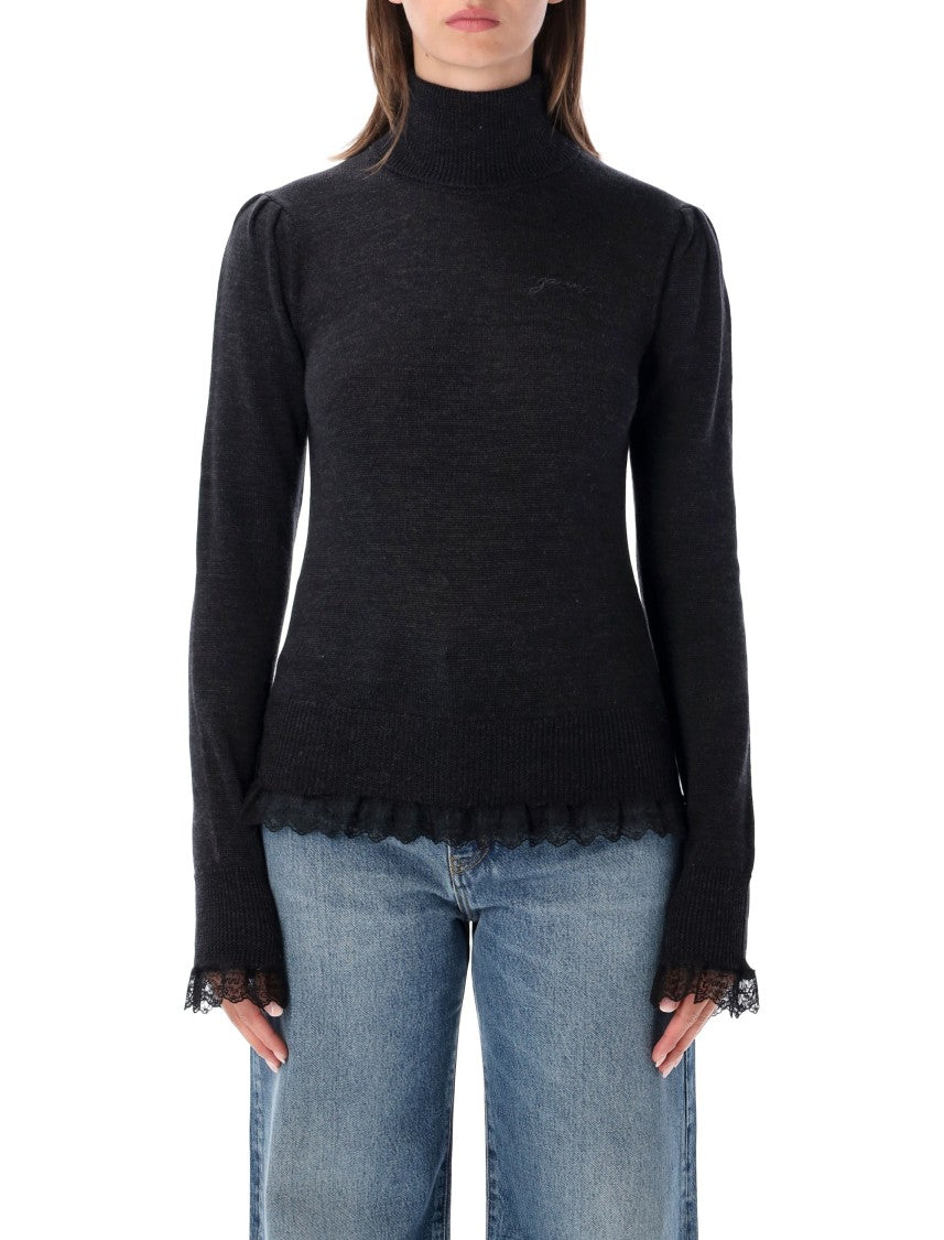 Ganni High Neck Merino Sweater With Lace Trims