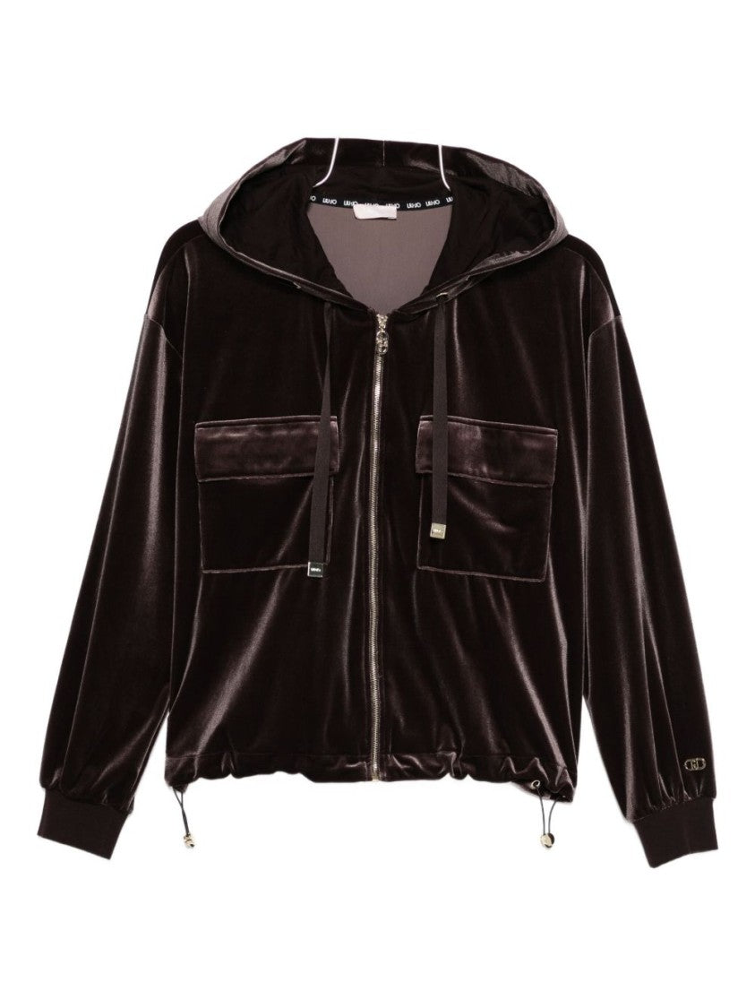 Liu Jo Cropped Velvet Hoodie With Zipper Closure