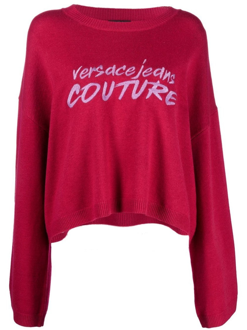 Versace Jeans Couture Embroidery Logo Relaxed Cropped Wool Sweater