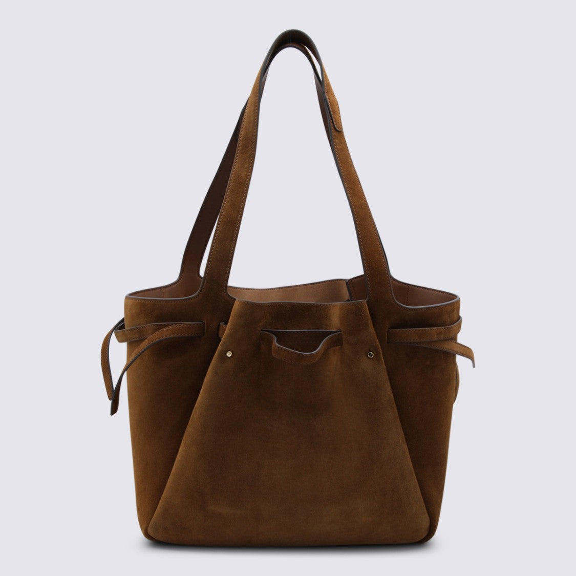 Tory Burch Rich Brown Suede Handbag With Adjustable Silhouette And Gold-Tone Accent