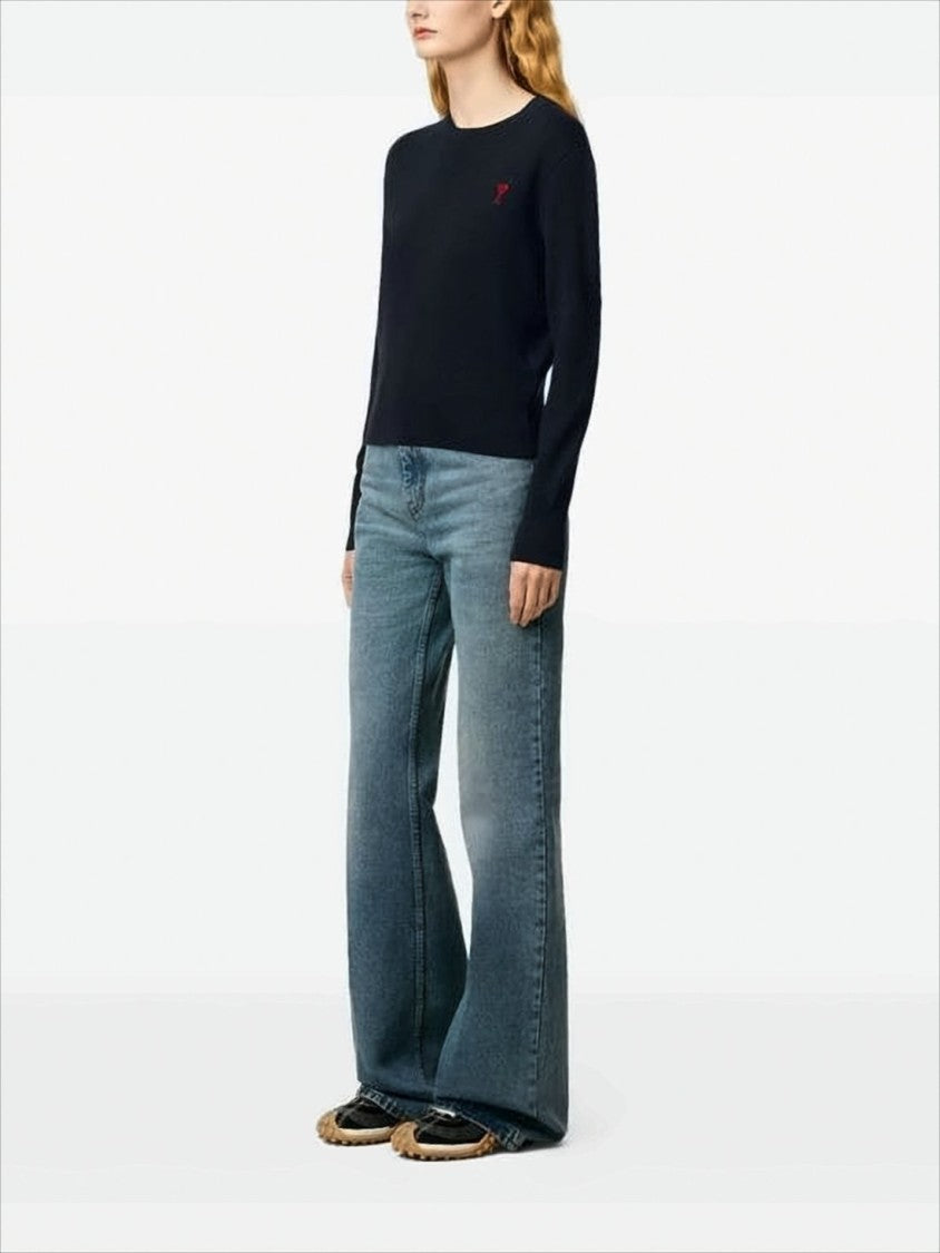Ami Classic Crew Neck Sweater With Embroidered Heart Detail