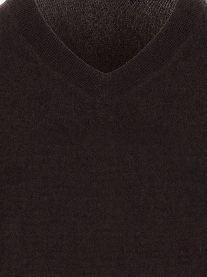 Allude Dark Brown Ribbed V-Neck Cashmere Sweater