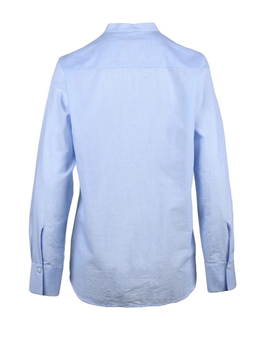 Xacus Light Blue Ruffle Detail Mandarin Collar Cotton Shirt