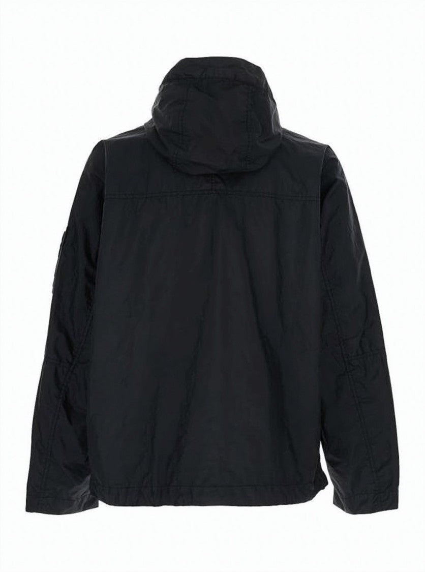 Stone Island Black Hooded Jacket With Logo Patch