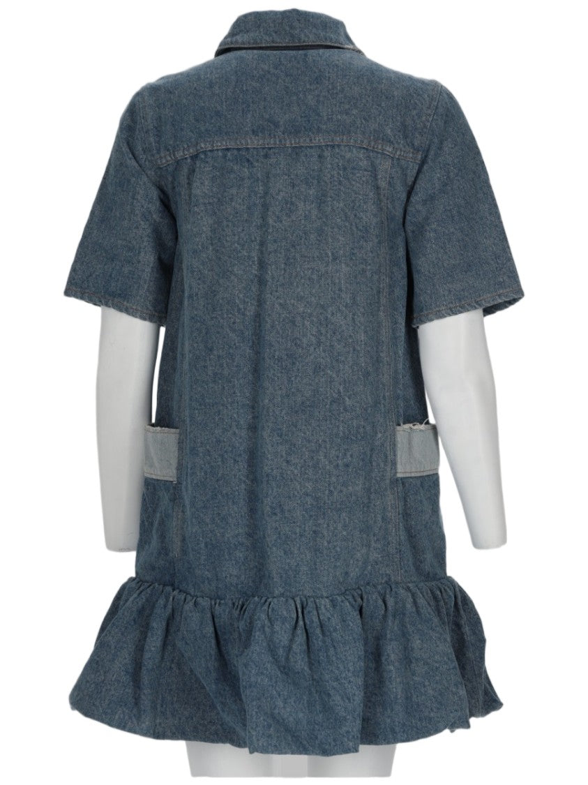 Ganni Mini Denim Patchwork Dress With Structured Collar And Ruffled Hemline