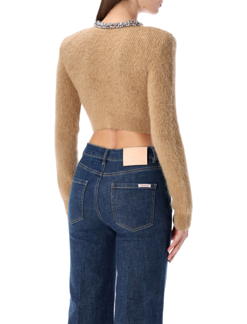 Self-Portrait Camel Alpaca Cropped Cardigan With Crystal Trims
