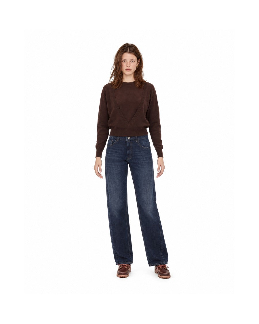 Patrizia Pepe Wood Brown Layered V-Panel Fine Knit Sweater